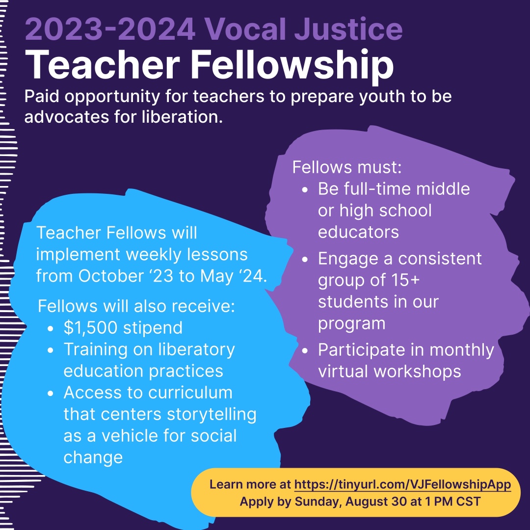 vocal_justice's tweet photo. The application for our teacher fellowship is now open! 

100% of our former Teacher Fellows have said that they would recommend the Fellowship to other educators. 

To learn more and to apply, head to https://t.co/s4DUVWWv3y! https://t.co/ZIjaOLX18p