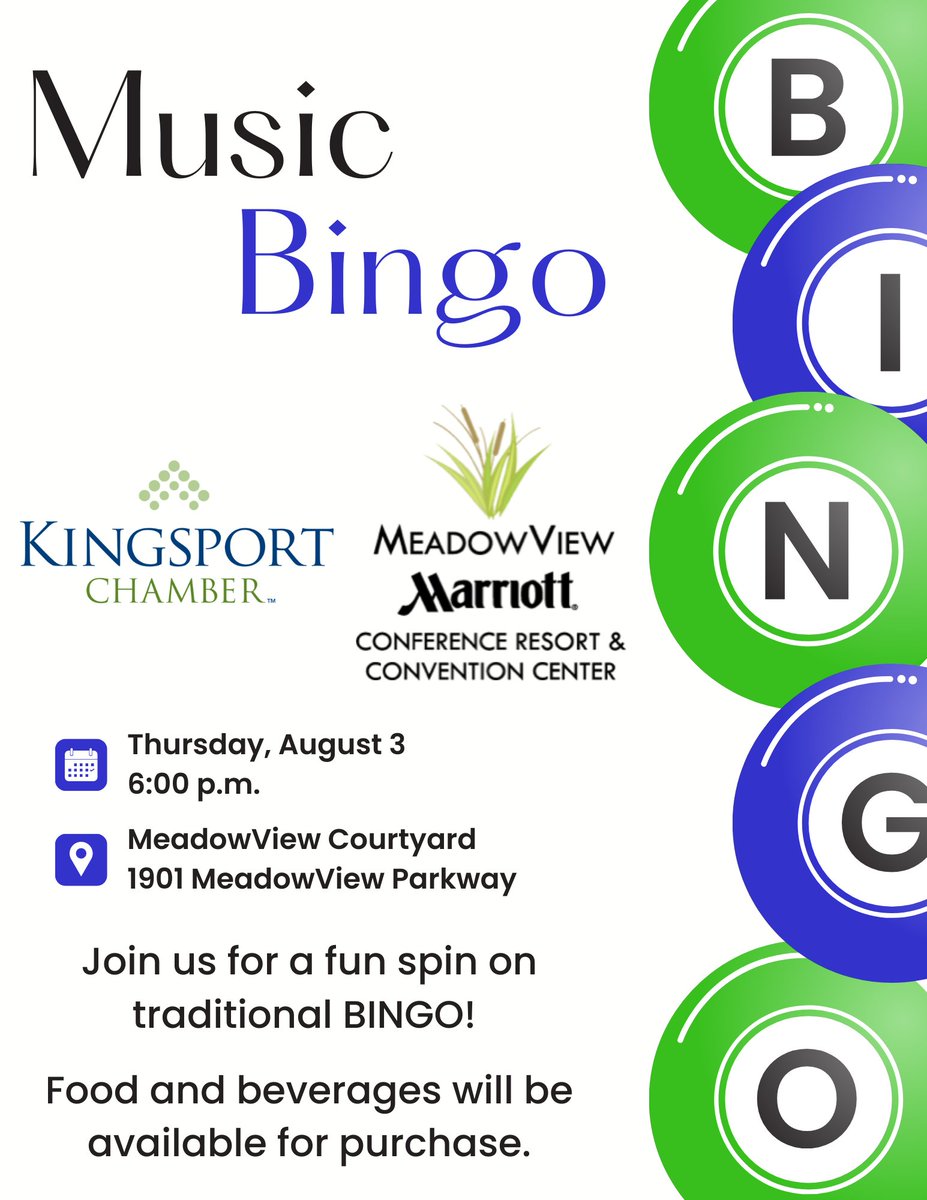 Join us for a night of Music Bingo at the MeadowView Courtyard on Thursday, August 3, at 6:00 p.m.!