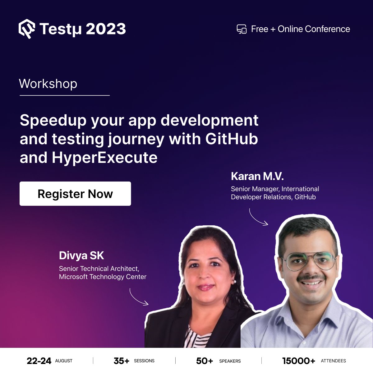 testmuai's tweet photo. Need to accelerate the release velocity for your app? Join this insightful workshop with @mvkaran, Senior Manager, International Developer Relations, @github , and Divya S K, Senior Technical Architect, @Microsoft, at #TestMuConf 2023 🔗https://t.co/dFTY7HWpEE

In this two-part workshop, learn how to leverage Git, GitHub Actions, and expedite coding with AI-powered GitHub Copilot and maximize test efficiency with HyperExecute in your end-to-end test automation process.

📆 August 22 - 24, 2023 | 📷Free Virtual Conference

#SoftwareTesting #TestμConference #Conference