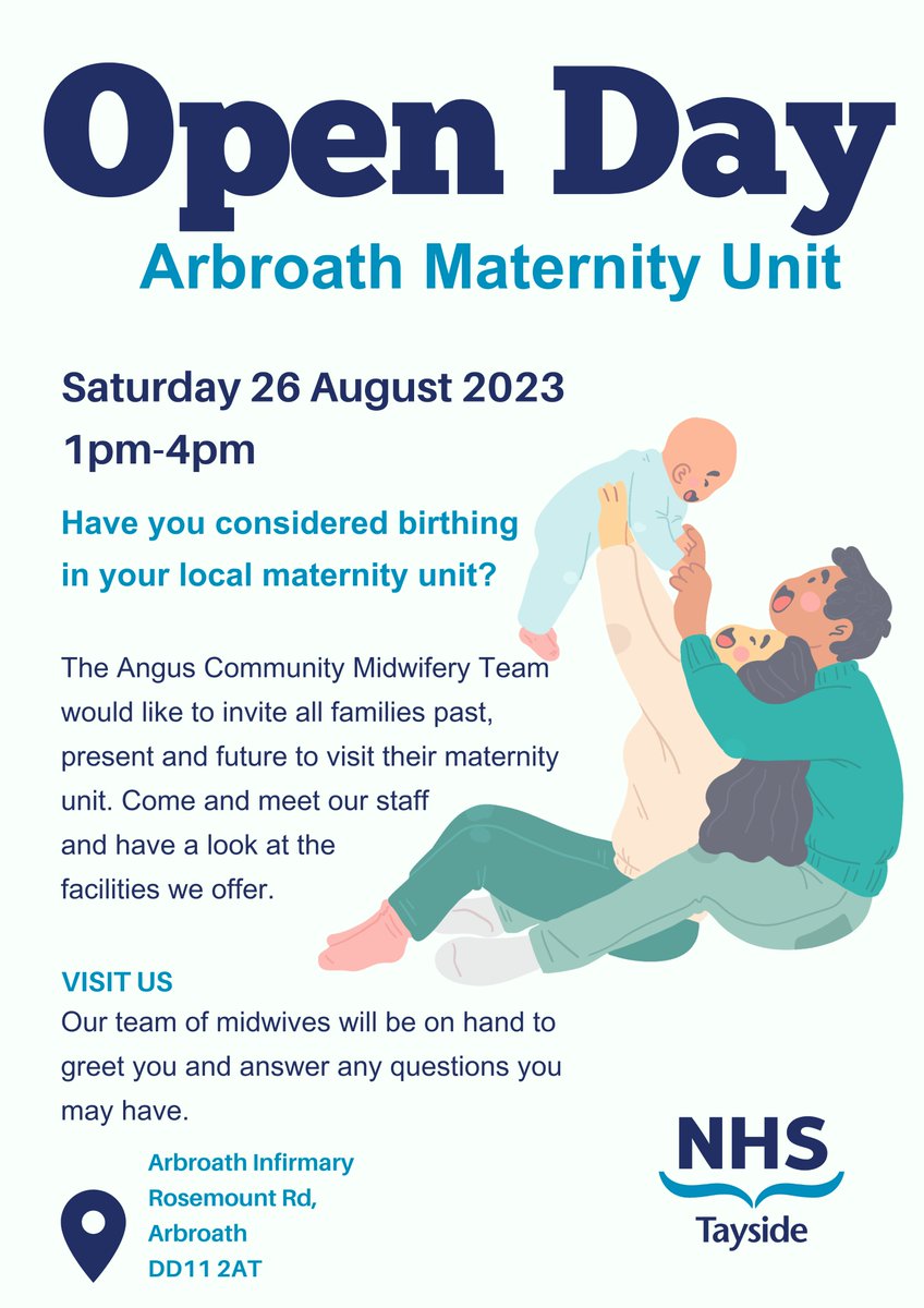 Considered birthing in your local maternity unit?

Angus Community Midwifery Team are opening the doors to visit their maternity unit. Meet staff and have a look at the facilities on offer.
They will be on hand to answer any questions you may have.
Drop in Sat 26 Aug between 1-4.
