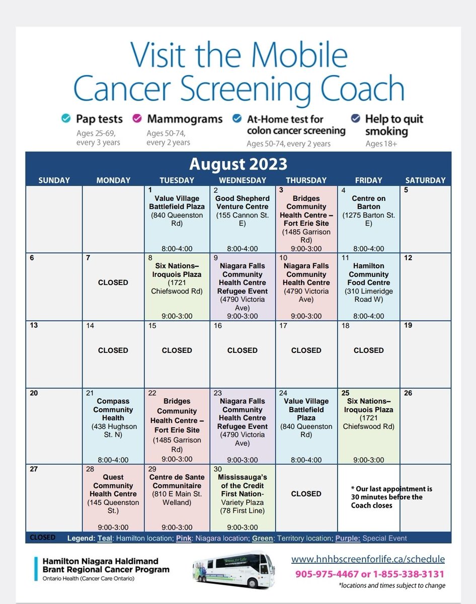 Attached is the AUGUST schedule for the Mobile Cancer Screening Coach. We will be having a mid-month shutdown so that the Mobile Coach can have some maintenance and repairs completed. Please feel free to share the attached calendar with others who may be interested😊