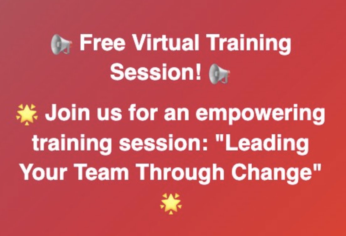 GaryWilbers's tweet image. 📢 Free Virtual Training Session! 📢
🌟 Join us for an empowering training session: "Leading Your Team Through Change" 🌟

🗓️ Date: Wednesday, August 09, 2023
⏰ Time: 08:30 AM CDT

Free sign-up link: bookme.name/.../leading-yo…

#LeadershipTraining #LeadingThroughChange