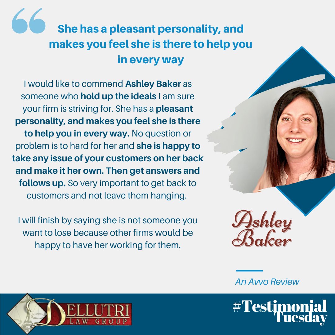 We ❤️ Avvo Reviews!

____
#DellutriawGroup #DLG #TestimonialTuesday #WeLoveOurClients #DLGCares #CallTheDLG #ThankYou #AttorneyLife #Review #Reviews #Caring #Helpful #Professional #RightChoice #AshleyBaker #Personality #CustomerService #HereToHelp #Pleasant #Avvo