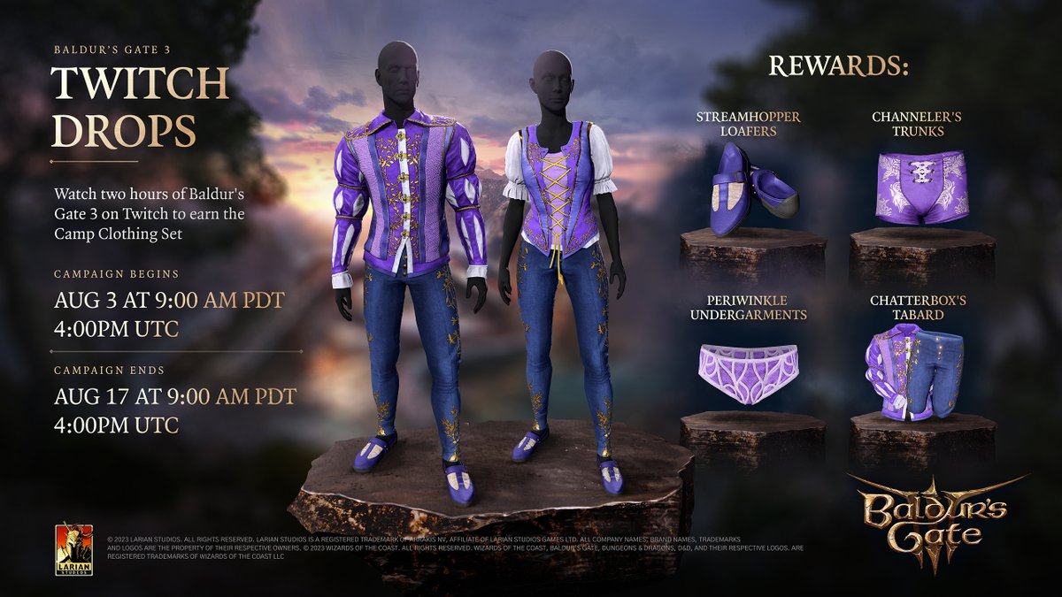 baldursgate3's tweet photo. Twitch Drops are coming to Baldur's Gate 3! From August 3 to August 17, watch your favorite streamer play Baldur's Gate 3 on @Twitch to earn this set of purple finery. ✨👚 

Learn more about our Drops campaign here: https://t.co/xe93pxYJV1 https://t.co/q2FW0b1msv