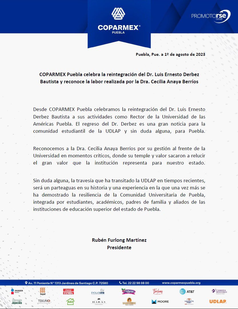 CoparmexPuebla's tweet photo. ¡Enhorabuena @udlap por la reintegración del Dr. @luisederbez como Rector de la Universidad!
El regreso del Dr. Derbez al frente de la UDLAP es una noticia que nos llena de entusiasmo y que nos impulsa a seguir trabajando por construir condiciones de certeza jurídica en Puebla. https://t.co/3Dr4LG0lYq