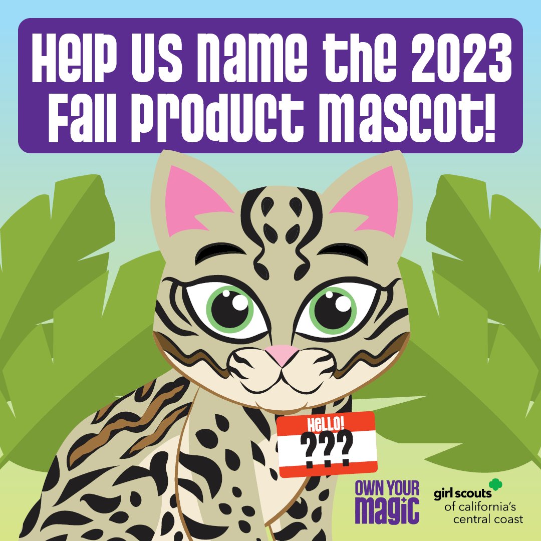 📣 Help us name our Fall Product Mascot! 🐆💫 She's the ocelot - a rainforest carnivore with unique stripes and an inspiring message: 'Own Your Magic!' 🌳✨ Comment below with your name suggestions all month long! #FallProductProgram #NameTheMascot #OwnYourMagic #GirlScoutsCCC