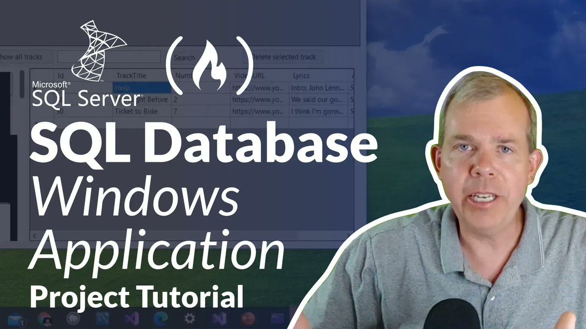 freeCodeCamp's tweet photo. Want to learn how to design and use databases for Windows applications?

This course teaches you how to create a SQL DB application with a Windows GUI.

You'll build the database, write SQL queries, learn about UML diagrams, &amp; more. Find it on freeCodeCamp's YouTube channel. 🏕️ https://t.co/Wsd4R8T75s