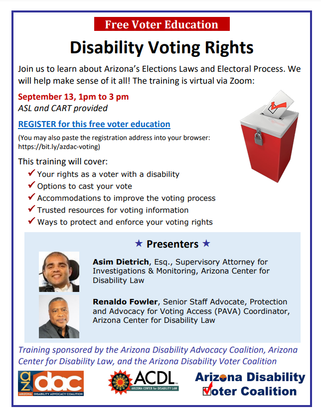 AzDDPC's tweet photo. Free Voter Education.  Disability voting rights. @azdisabilitylaw @Sonoran_UCEDD @TheArcAZ @arcoftucson @UCPofCentralAZ @UCPnational https://t.co/99D82cdDTH