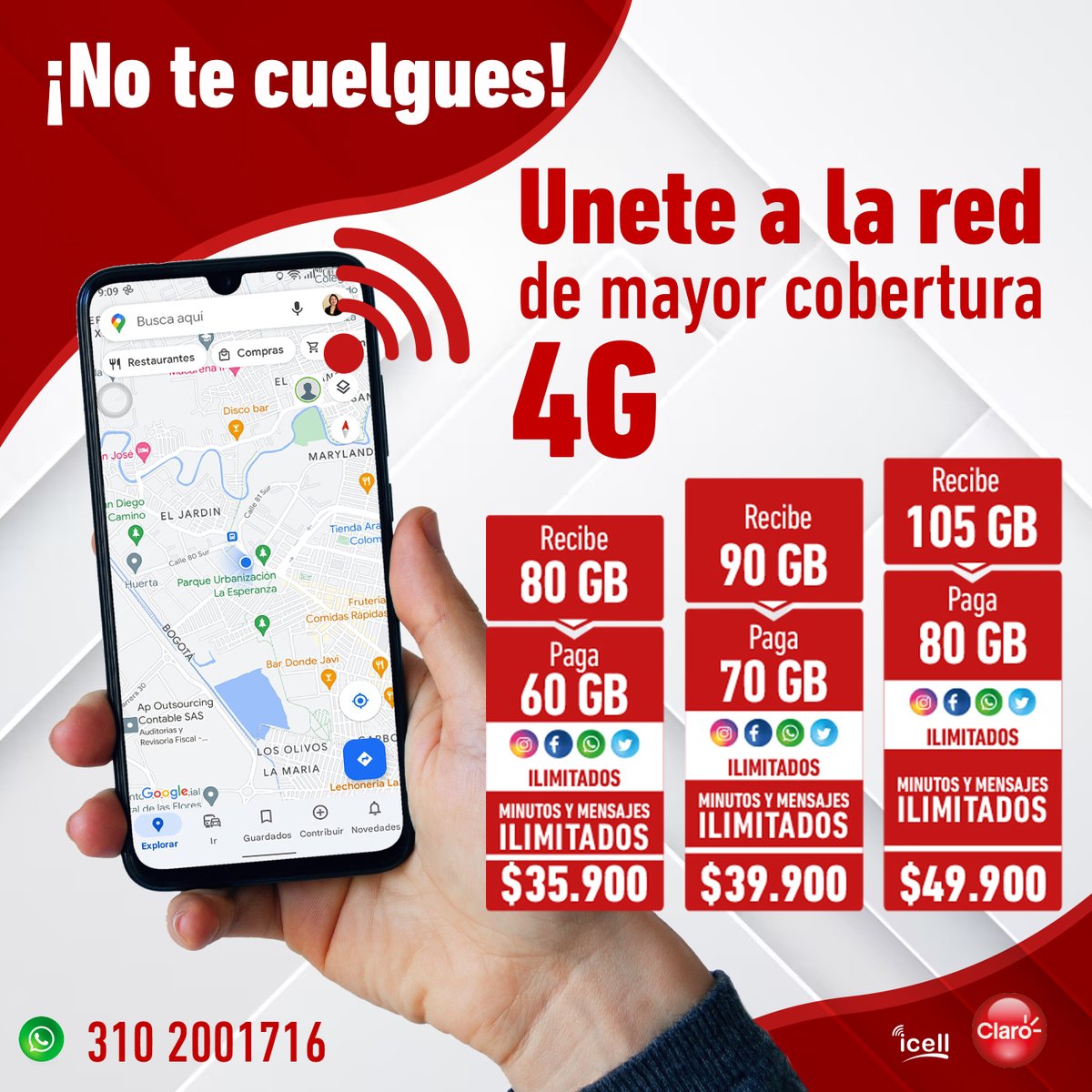 Con nuestra RED 4G 💥 te impresionarás de la cobertura, siempre estará de tu lado, conoce nuestro planes de datos y navega con REDES SOCIALES Y MINUTOS ILIMITADOS 💯🔥🎉 ¡conócelos! contáctanos: 310 2001716 o visítanos icell.com.co