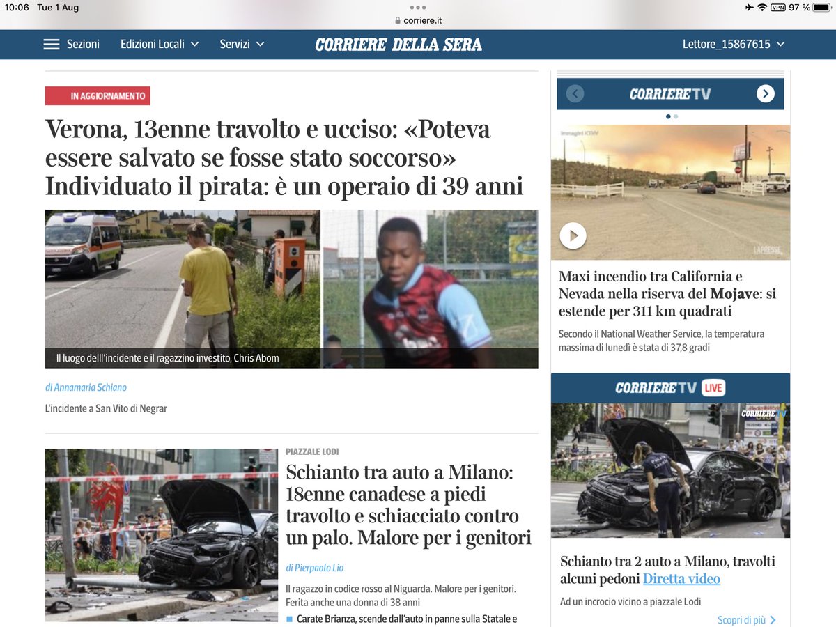 Home page from @Corriere now … in the three first stories, pedestrians continuing to be the main #RoadSafety issue in cities an among youth …. As a parent I am worried much more than as expert