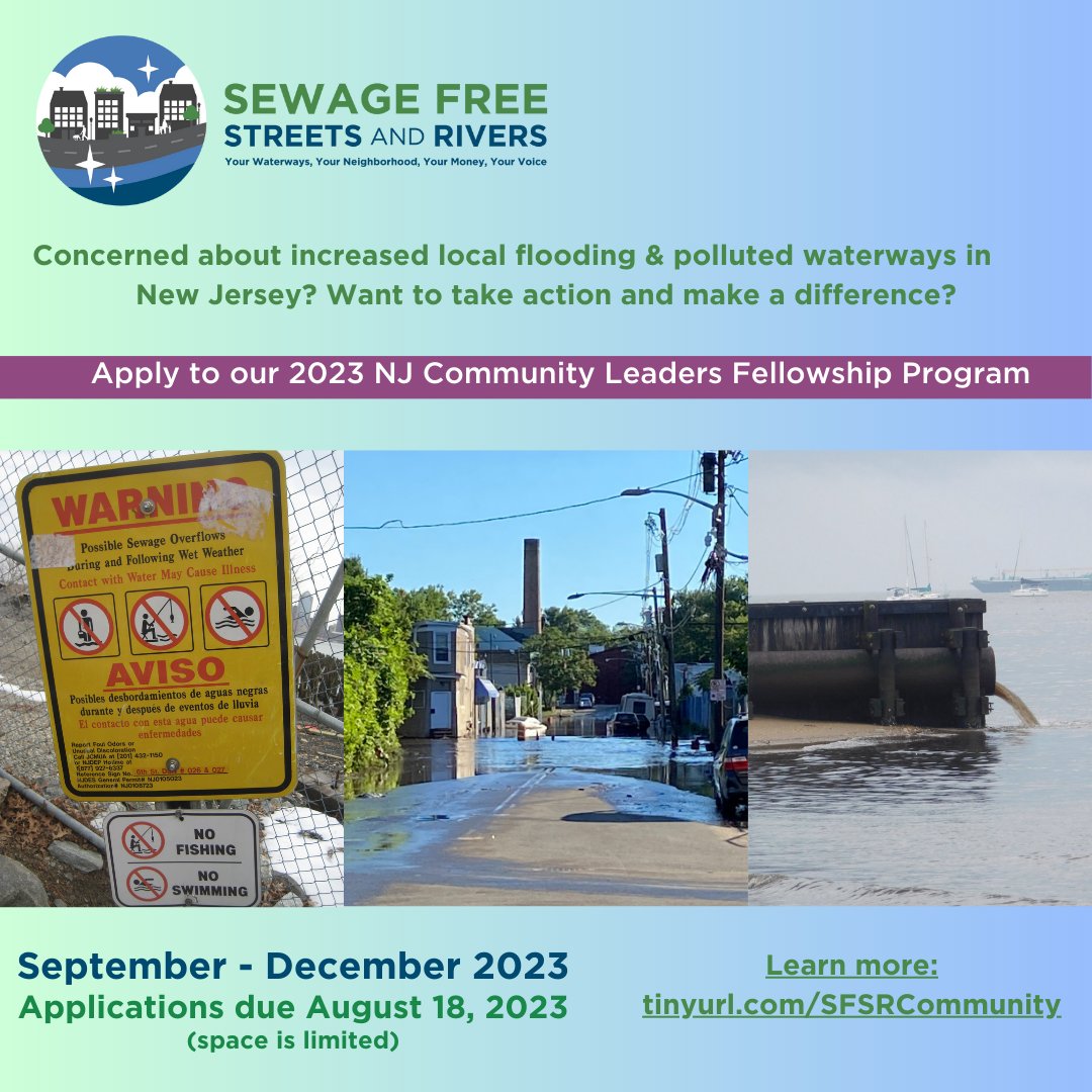 Help lead community action to reduce local flooding into your streets and homes in New Jersey. Apply to the 2023 Sewage-Free Streets and Rivers Community Leaders Fellowship Program today! bit.ly/3Yeb5An #NJFlooding #NJSewage #JerseyCity #Paterson #PerthAmboy