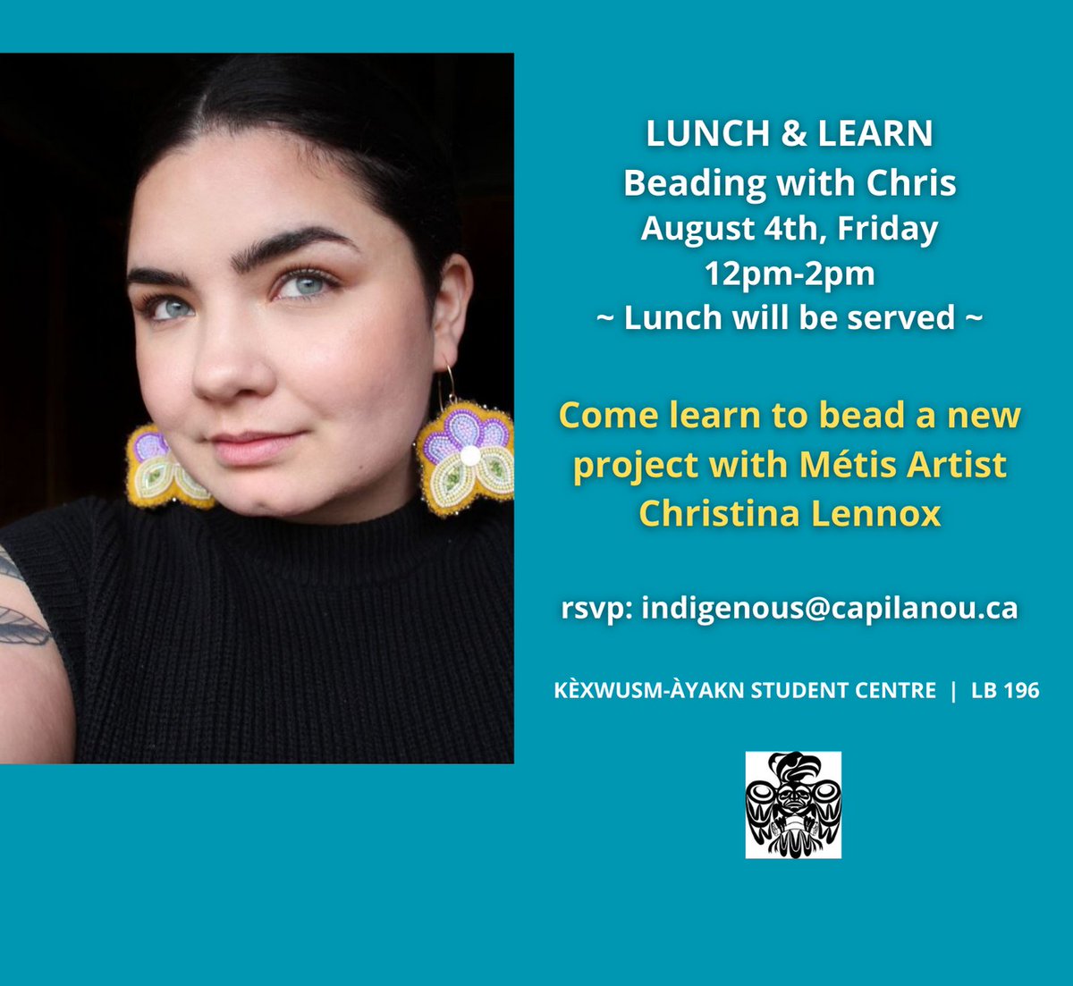 CapU Indigenous (@capuindigenous) on Twitter photo Lunch and Learn Friday August 4th, come learn how to bead a new project with Chris. RSVP indigenous@capilanou.ca see you all there! @artandstuffbychris #capuindigenous Lunch and Learn Friday August 4th, come learn how to bead a new project with Chris. RSVP indigenous@capilanou.ca see you all there! @artandstuffbychris #capuindigenous