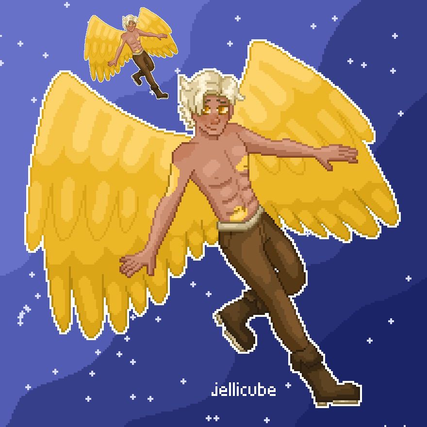 a #pixelart revenge!! this is Shadowpelt88's character drake! i really like his wings and floofy hair~ ⭐️🪶✨☺️ #artfight #artfight2023 #artfightvampires #artfightrevenge