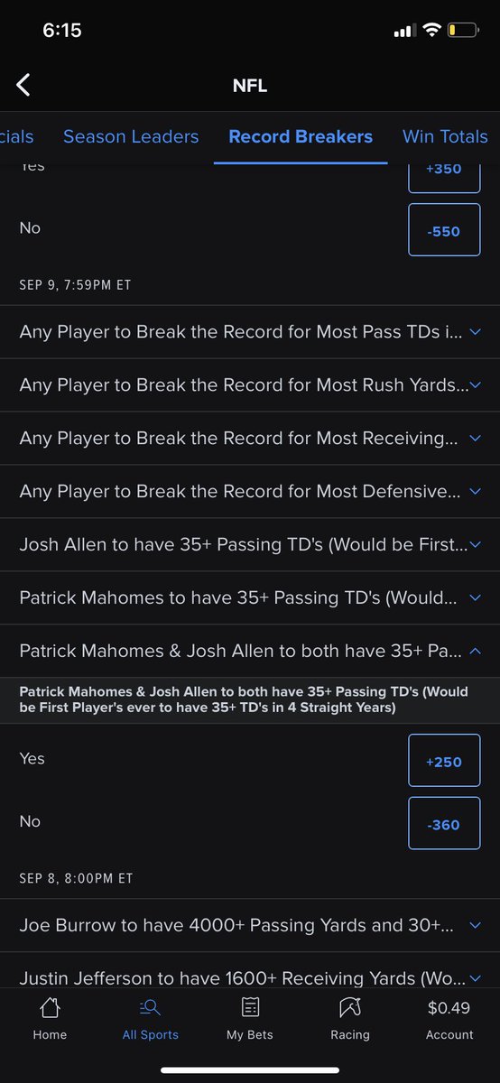 SchemeMoneyBets's tweet photo. Josh Allen &amp; Patrick Mahomes need 35+ TDs to become the first QBs in NFL History. @kendeazy_ has this as an 1000% lock &amp; has put big 💰 on this prop cashing. Y’all tailing Big Ken? #sportsbettingtwitter #sportsbetting https://t.co/AKoYx7VY2a