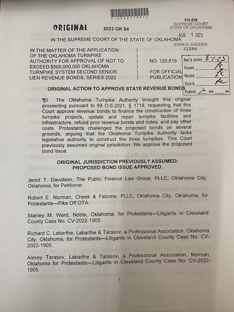 kayleeolivastv's tweet photo. BREAKING: The Supreme Court has approved Oklahoma Turnpike Authority bonds for new toll roads. 

We’re currently reading through these court documents for more information. OTA has also invited the media to a 2PM press conference to go over the decision. @kfor 🧵 https://t.co/mcuory8eLj