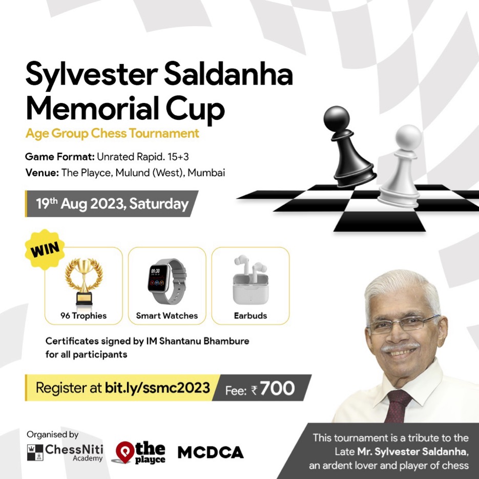 chessniti's tweet photo. Introducing the Sylvester Saldanha Memorial Cup, an Age Group Chess Tournament - a heartfelt tribute to the late Sylvester Saldanha, a passionate chess enthusiast. Join us in celebrating his legacy and love for the game. 

Register - https://t.co/4v6tUdooNP
. 
. 
#ChessTournament https://t.co/JA1De4sBvR