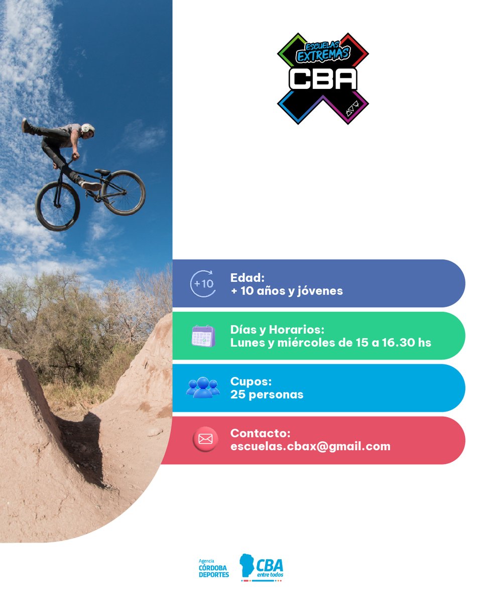 DeportesCba's tweet photo. 🚲❌¡Una nueva propuesta para los amantes del BMX Freestyle!
➡️Las escuelas del #CBAX incorporan el #BMXFreestyle , un espacio donde se enseñarán todos los aspectos técnicos y prácticos de la disciplina a niños, niñas y jóvenes.
+ INFO: https://t.co/hTYk0KFwqh https://t.co/8NJc5RWZ79