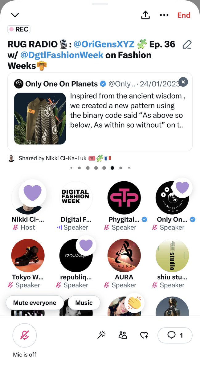Nikki Ci-Ka-Luk (@cikaluk_n) on Twitter photo KICKED OFF fashion week prep with a bang ✨
Helping amazing Clare of <a href="/DgtlFashionWeek/">Digital Fashion Week</a> organising LDN & Paris weeks, had pleasure having her on <a href="/OriGensXYZ/">OriGensXYZ</a> on <a href="/RugRadio/">Rug Radio</a>
Those are the real builders <a href="/TokyoWhiteInt/">Tokyo White International</a> <a href="/RepubliqeC/">republiqe Digital Fashion</a> <a href="/iamaura___/">AURA</a> <a href="/PhygitalT/">PhygitalTwin</a> <a href="/OnlyOneOnPlanet/">Only One On Planets</a> <a href="/StudioShiu/">shiu studio</a> 🤍 KICKED OFF fashion week prep with a bang ✨
Helping amazing Clare of <a href="/DgtlFashionWeek/">Digital Fashion Week</a> organising LDN & Paris weeks, had pleasure having her on <a href="/OriGensXYZ/">OriGensXYZ</a> on <a href="/RugRadio/">Rug Radio</a>
Those are the real builders <a href="/TokyoWhiteInt/">Tokyo White International</a> <a href="/RepubliqeC/">republiqe Digital Fashion</a> <a href="/iamaura___/">AURA</a> <a href="/PhygitalT/">PhygitalTwin</a> <a href="/OnlyOneOnPlanet/">Only One On Planets</a> <a href="/StudioShiu/">shiu studio</a> 🤍
