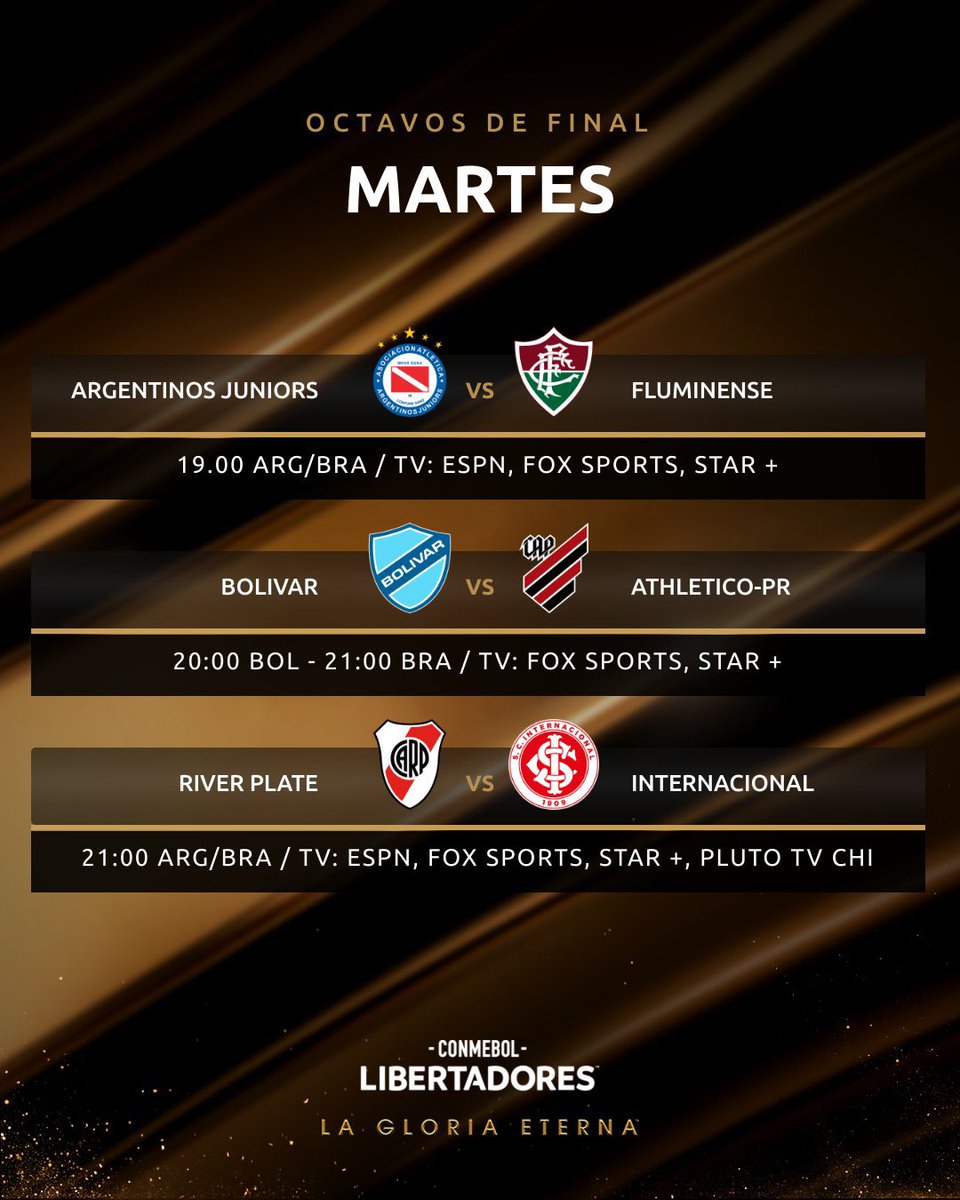 CalcioArg's tweet photo. Stanotte al via l’andata degli 8’ di finale‼️
🏆#Libertadores 📺MolaTv
🇦🇷#Argentinos 🆚 Fluminense🇧🇷
⏰ 00:00
🇦🇷#River 🆚 Inter🇧🇷
⏰ 02:00
—-
🏆#Sudamericana 📺MolaTv
🇪🇨Emelec 🆚 #DefensaYJ🇦🇷
⏰ 02:00
🇧🇷Corinthians 🆚 #Newells🇦🇷
⏰ 02:30 https://t.co/yLeLT09EkV