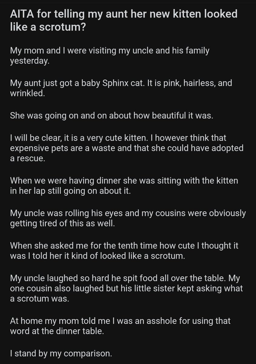 AITA for telling my aunt her new kitten looked like a scrotum? reddit.com/r/AmItheAsshol…