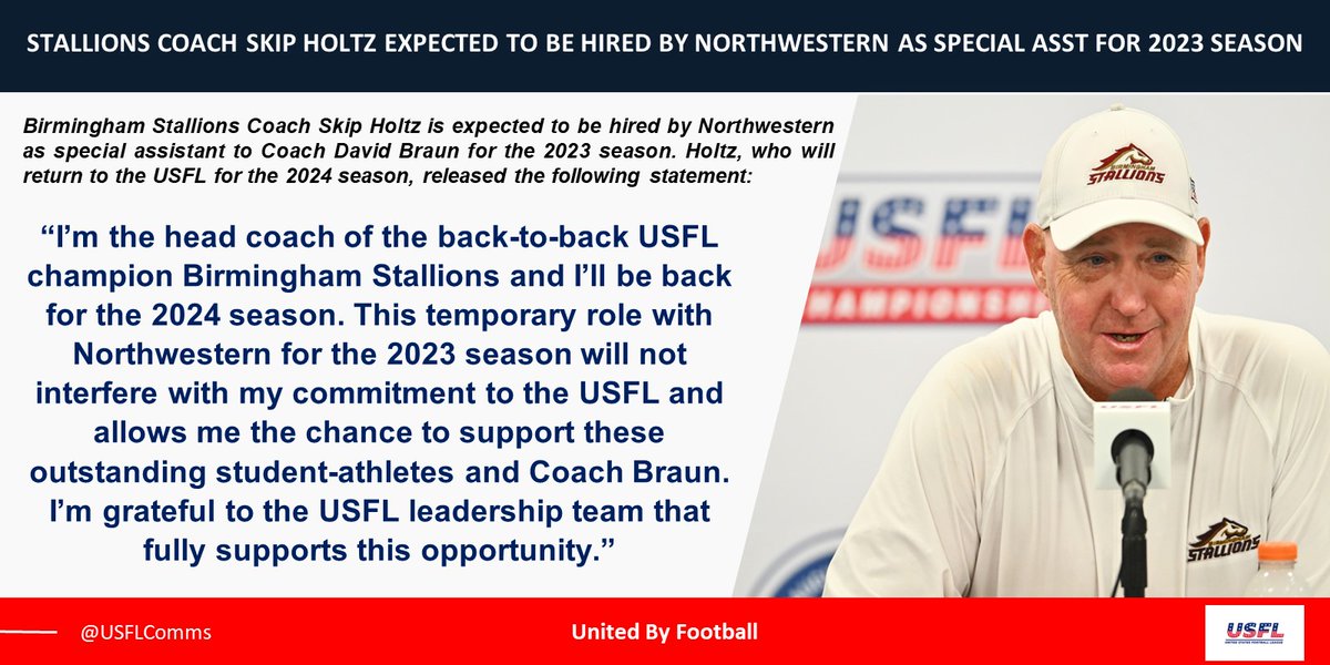 Statement from <a href="/USFLStallions/">Birmingham Stallions</a> Head Coach <a href="/CoachSHoltz/">Skip Holtz</a> about his opportunity to support <a href="/NUFBFamily/">Northwestern Football</a>.

#UnitedByFootball
