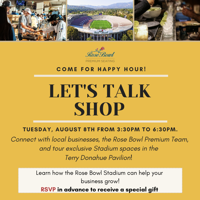 Let's Talk Shop! Join us on Tuesday, Aug. 8 for the unique opportunity to enjoy happy hour with our Premium team in the Terry Donahue Pavilion. Reserve your spot now to receive a special gift: bit.ly/3q40Y4B 🌹🥂 #RoseBowlStadium #RoseBowlPremiumSeating