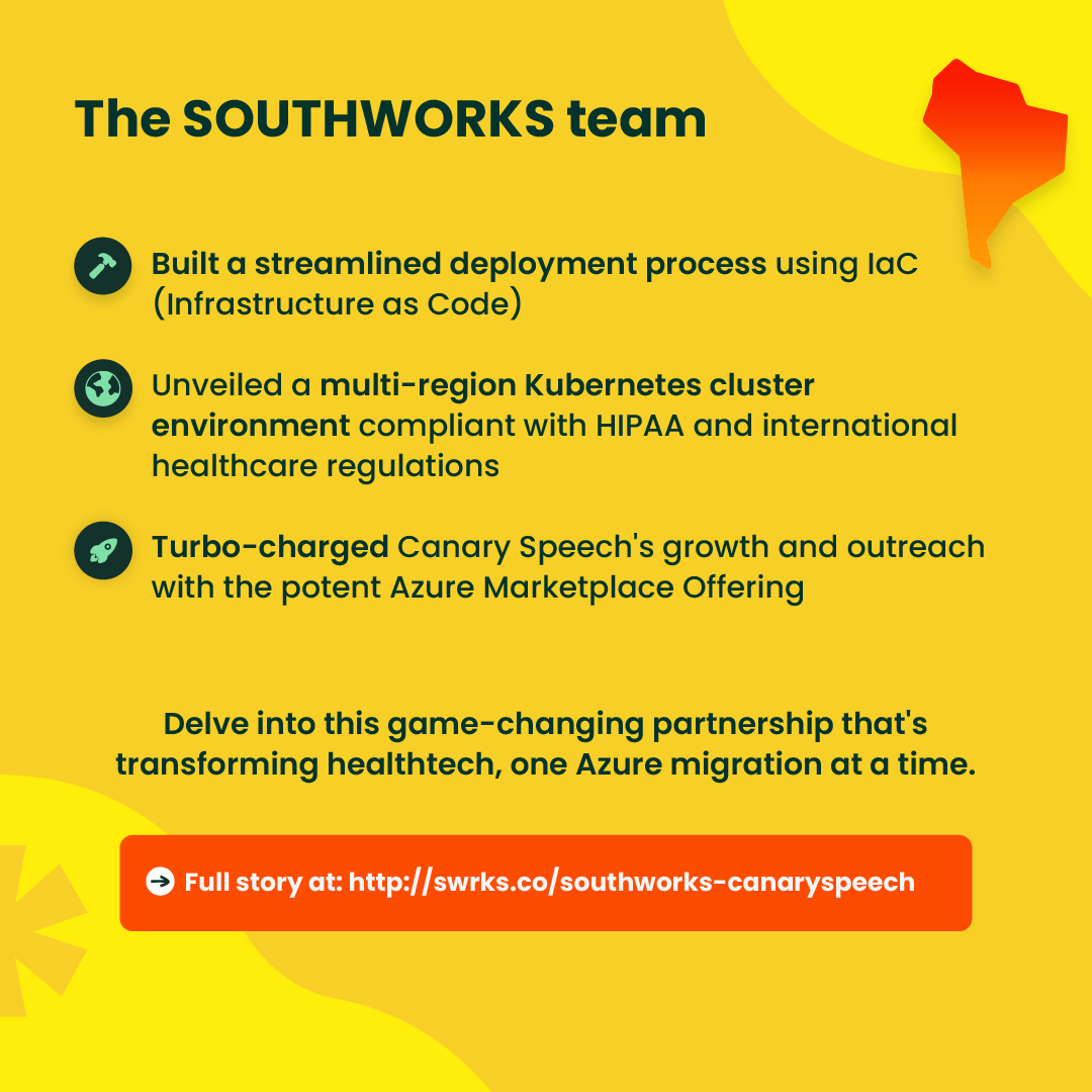 southworks's tweet image. An Azure Migration, getting commercial ready with a Marketplace SaaS offer, and a Microsoft Teams Extension Integration? No sweat.
🚀 Customer success story: swrks.co/southworks-can…
Learn how #SOUTHWORKS accelerated @canaryspeech’s #Azure transition and supercharged monetization…
