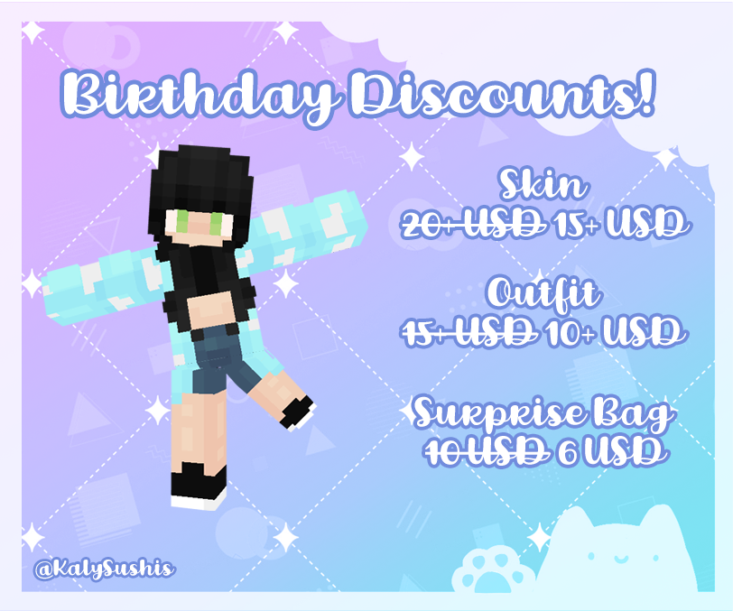 KalySushis's tweet photo. August is my birth month! To celebrate, I will have some discounts on #VGen!
Comms will have this discount til Aug13 and all proceeds go to my bday trip to Argentina!
Wanna commission? ♡ https://t.co/akNJ5CprUq
#mcyt #minecraftskin #Fanart #VTuber #Blockbench #commissionsopen https://t.co/19a5w42oXu
