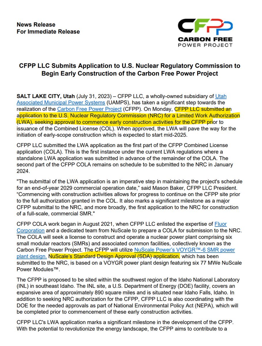 The @UAMPS_ Carbon Free Power Project submitted a Limited Work Authorization application a day before. A LWA would allow CFPP to begin construction activities prior to issuance of the Combined License. A later Combined Operation License would reference the NuScale SDA