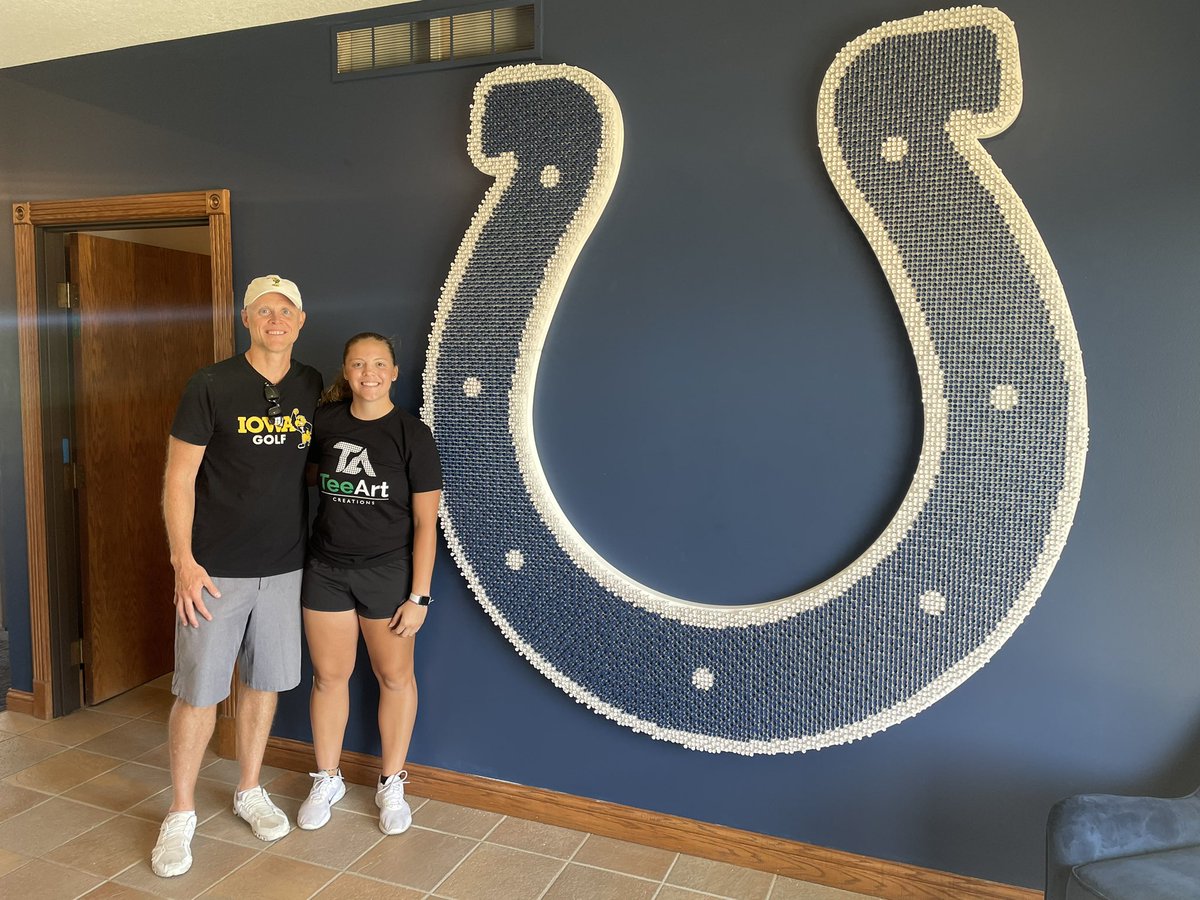 sportsgirlkait's tweet photo. My largest TeeArt to date is located at the Longest Par 71 Golf Course in the World…. Horseshoe Farms in Indiana!

What an honor to design the @Colts logo for @JimIrsay and have it displayed in the clubhouse.  

TeeArt #006
11,156 Tees https://t.co/GyciU3GMg1