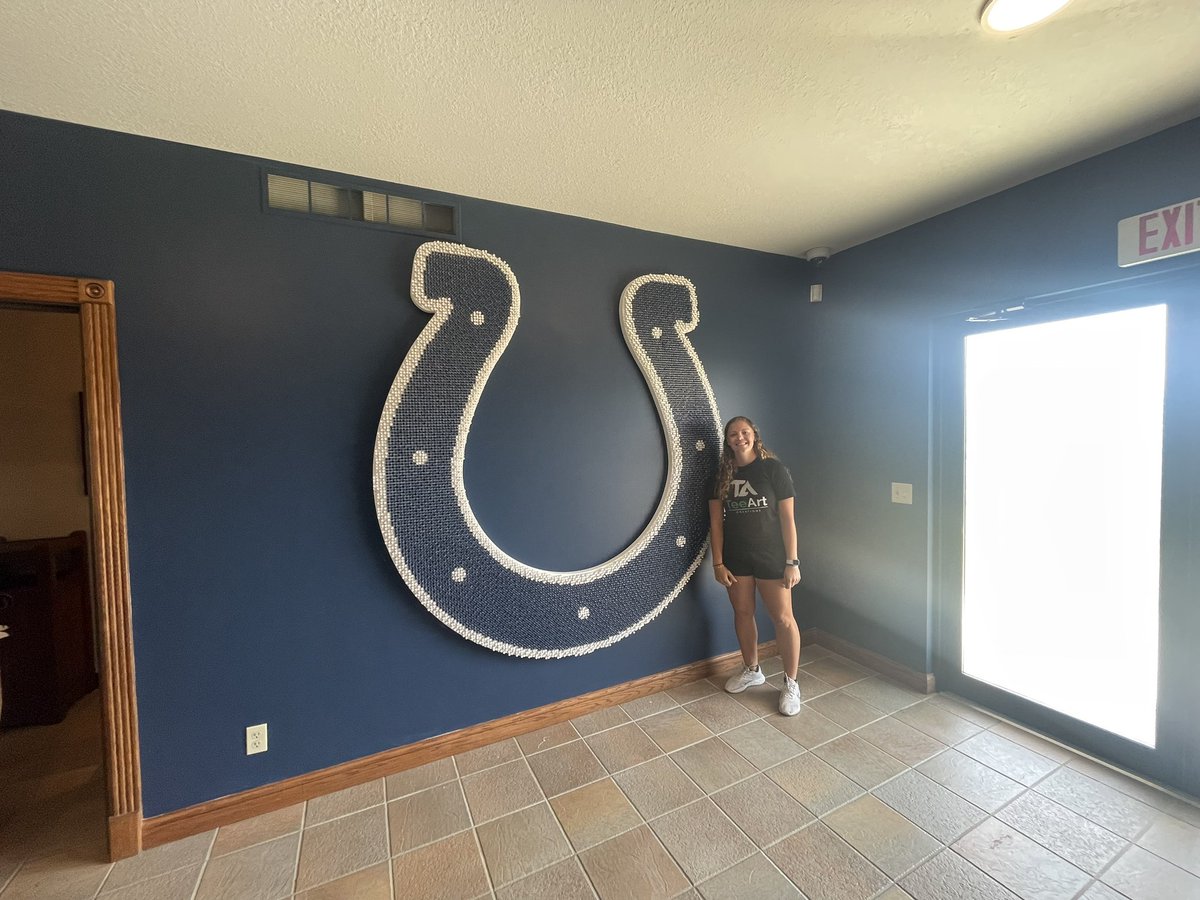 sportsgirlkait's tweet photo. My largest TeeArt to date is located at the Longest Par 71 Golf Course in the World…. Horseshoe Farms in Indiana!

What an honor to design the @Colts logo for @JimIrsay and have it displayed in the clubhouse.  

TeeArt #006
11,156 Tees https://t.co/GyciU3GMg1