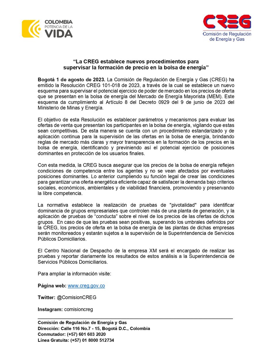 comisioncreg's tweet photo. Boletín CREG 🗞️. La CREG establece nuevos procedimientos para supervisar la formación de precio en la bolsa de energía. https://t.co/fm5P6zuBTx