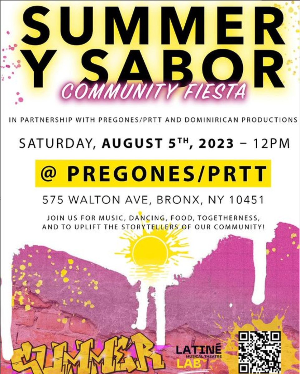 pregonesprtt's tweet photo. Come to Pregones Theater in The Bronx this August 5th! You won't want to miss this exciting gathering. 

Link in QR code!
—
📆 August 5, 2023, Pregones Theater in Bronx

#PregonesPRTT #PregonesBronx #LatinAmericanArt #NYCTheater #OffBroadway #TheBronx #PRTT #PuertoRicanArt https://t.co/Ywn6O0sm1S