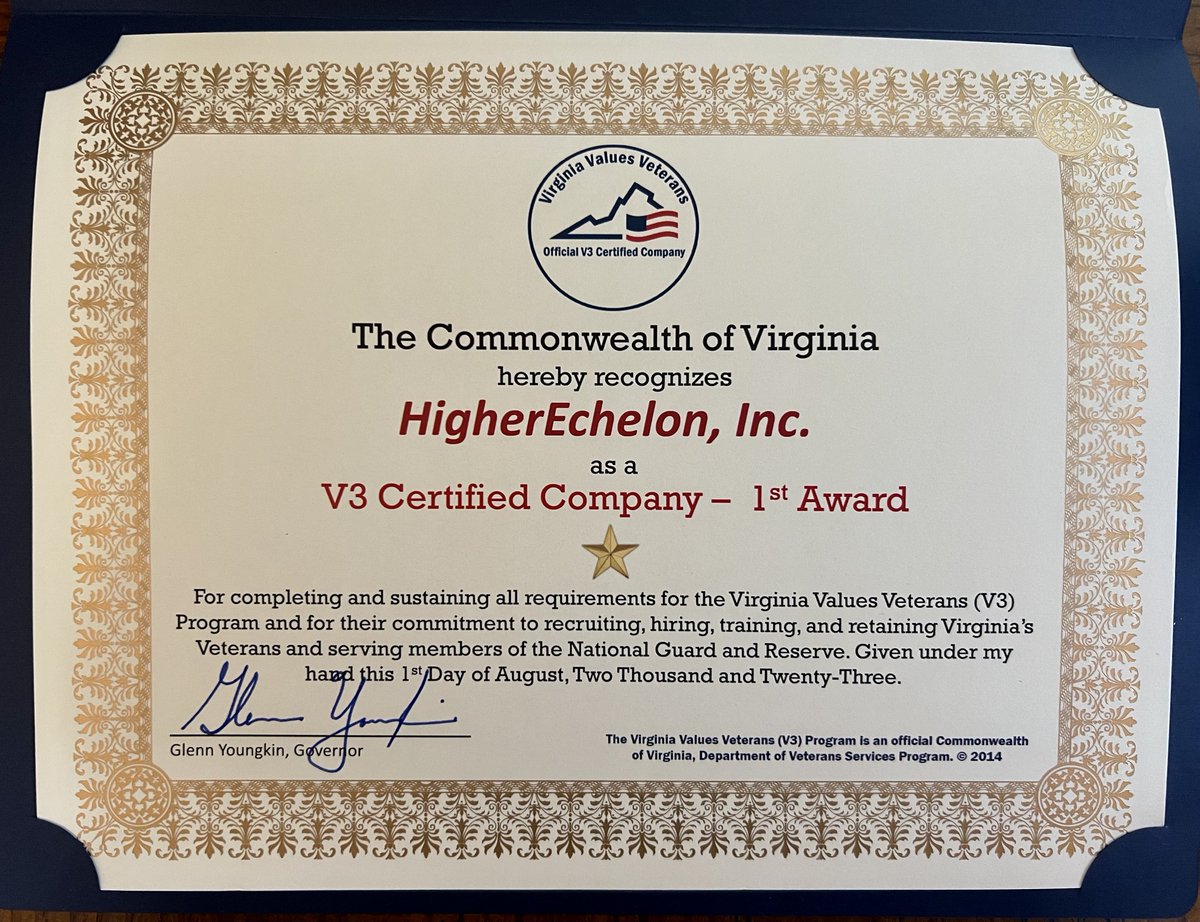 HE_Consulting's tweet image. We are proud to announce our recognition as a @VETEservices Virginia Values Veterans (V3) Certified Company for our commitment to recruiting, hiring, training, &amp;amp; retaining Virginia&apos;s Veterans!

#veteranshelpingveterans #sdvosb #greatplacetowork #veteranjobs #wearehiring #gohigher