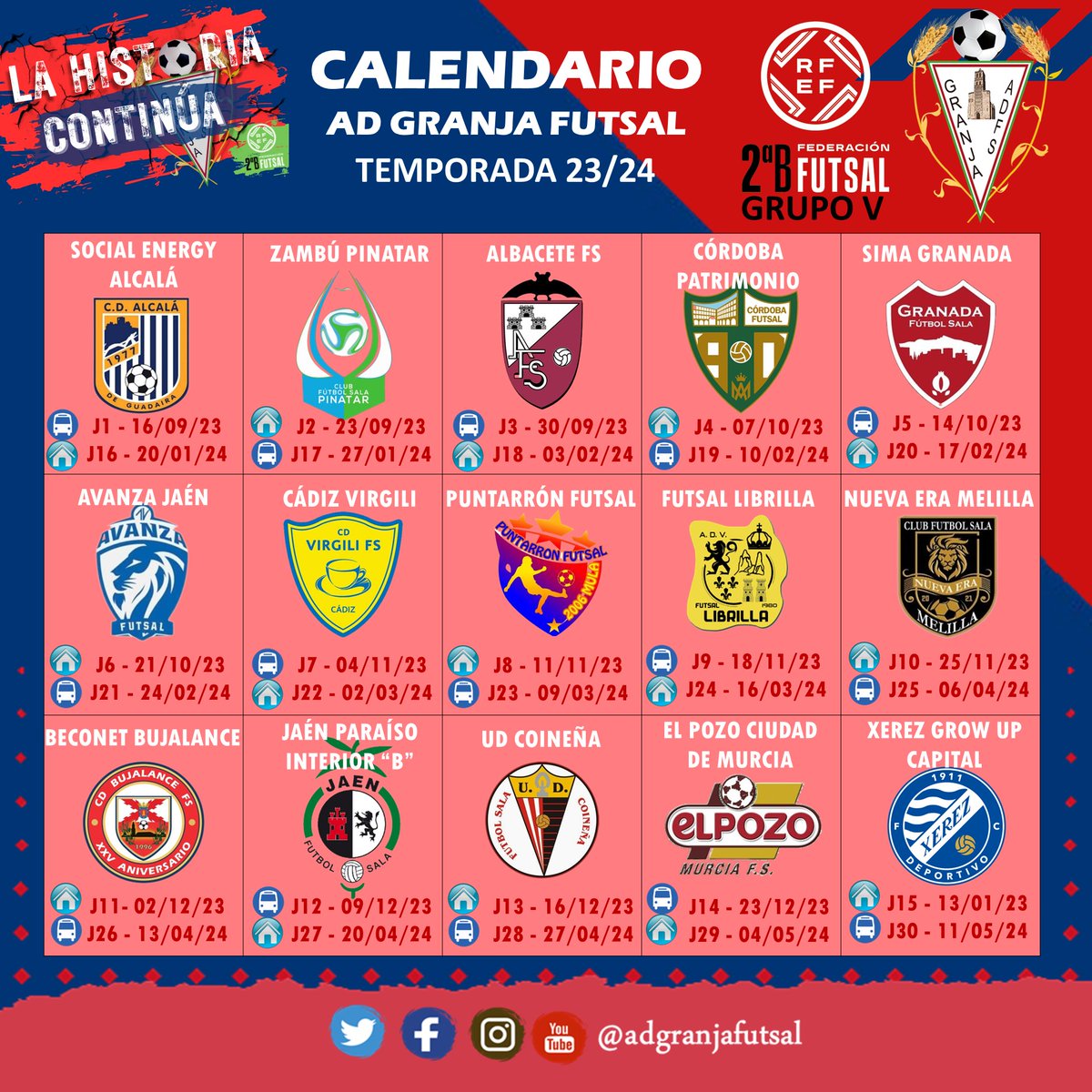 🗓️CALENDARIO OFICIAL
👉Iniciaremos la liga el 16 de Septiembre en Alcalá de Guadaira frente al <a href="/Alcala_FS/">CD Alcalá de Guadaíra FS</a> 
👉Debut en casa frente a <a href="/CFS_Pinatar/">Zambú CFS Pinatar Cerramientos Abatibles</a> 
👉Finalizaremos la competición el 11 de Mayo visitando al <a href="/XerezDFC_Futsal/">Xerez Toyota Nimauto</a> 
Calendario completo aquí: rfef.es/sites/default/…