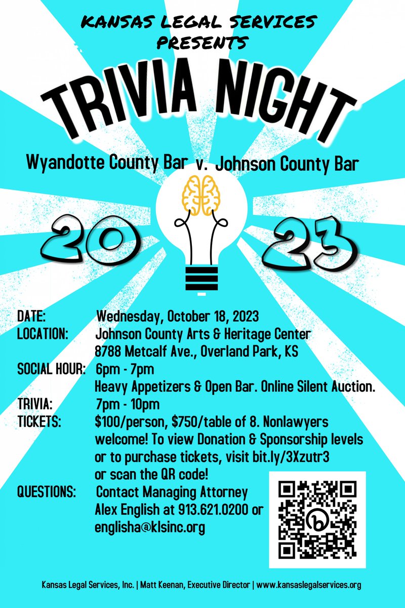 Get your tickets here: kansaslegalservices.betterworld.org/.../kls-trivia... for our 4th annual Trivia Night, coming up on October 18! <a href="/WyCoBar/">WyCoBar</a> <a href="/JOCO_BAR/">Johnson County Bar Association</a>