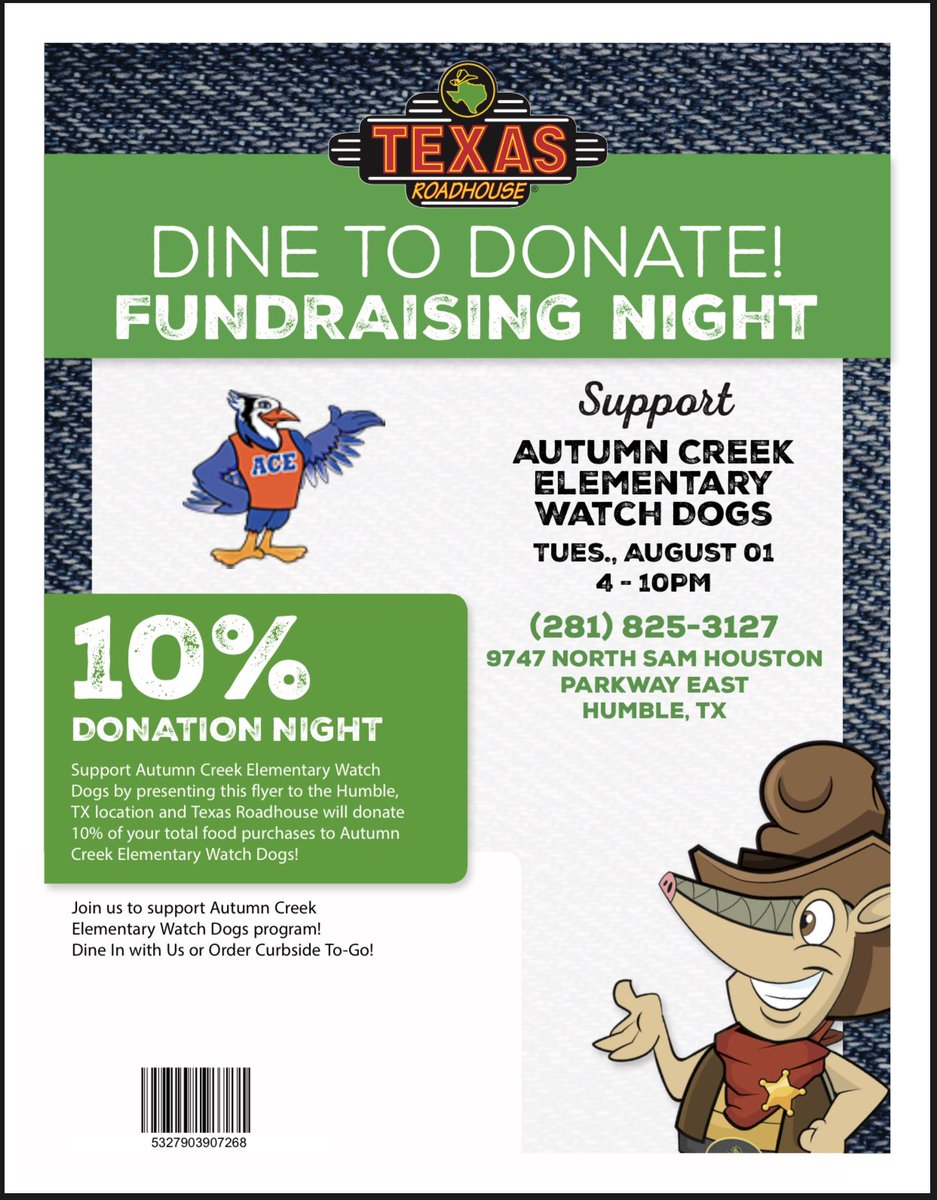 Tonight is the night @HumbleISD_ACE Blue Jay parents and surrounding communities to come out and support DINE TO DONATE.All proceeds go back to Autumn Creek Elementary Classrooms.@ace_pto @HumbleISD @HISDParents @HumbleISD_CBS @SpeakerGlaspie @LisaNewcomb_ace @Marilyn_Mann1