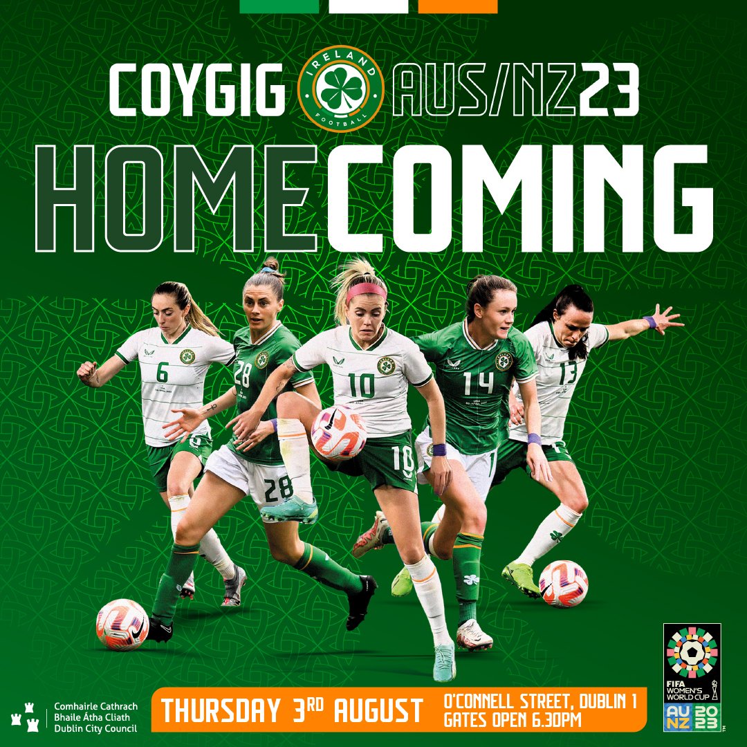 DCC would like to invite fans of the Girls in Green to welcome home the Republic of Ireland Women’s National Team from the FIFA Women’s World Cup with a public reception this Thurs, 3rd Aug. The event will take place on O’Connell St in front of the GPO, at 6:30pm.

#COYGIG