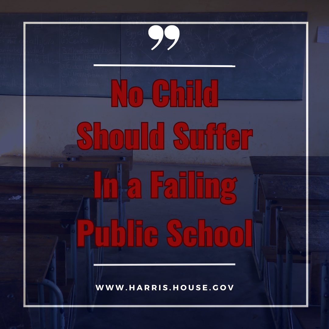 RepAndyHarrisMD's tweet photo. Recently, Maryland State tests results showed that 23 schools in Baltimore have ZERO students proficient in math. 

Our education system is getting worse, not better, despite spending more money each year. 

I’ve always believed the solution to this problem is increased school choice availability. 

If the public school system fails, parents should have a choice to offer their child an alternative. 

No child should suffer in a failing public school.