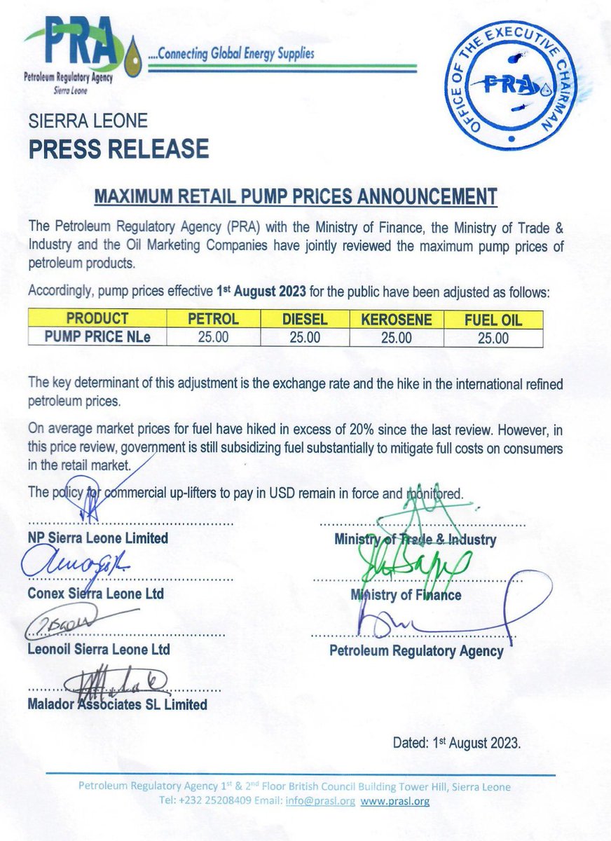 Amidst the high inflation rate in the Country. The Petroleum Regulatory Agency (PRA) has increased the pump prices of petroleum products in Sierra Leone. #SierraLeone #SaloneTwitter #Petroleumproducts