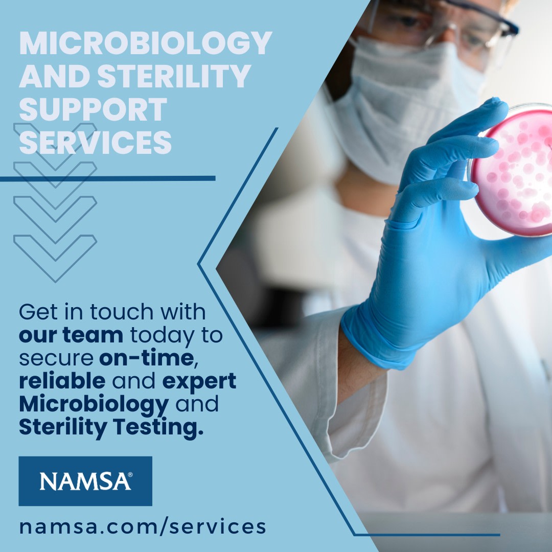NAMSA_CRO's tweet image. Microbiology and sterility support services demand accuracy and dependability. Partnering with NAMSA ensures: 

•    On-time sterility testing ✅
•    Scientific expe...
#NAMSA #MedicalDevice #MicrobiologyTesting #SterilityTesting #NAMSAKnows 

namsa.com/services/medic…