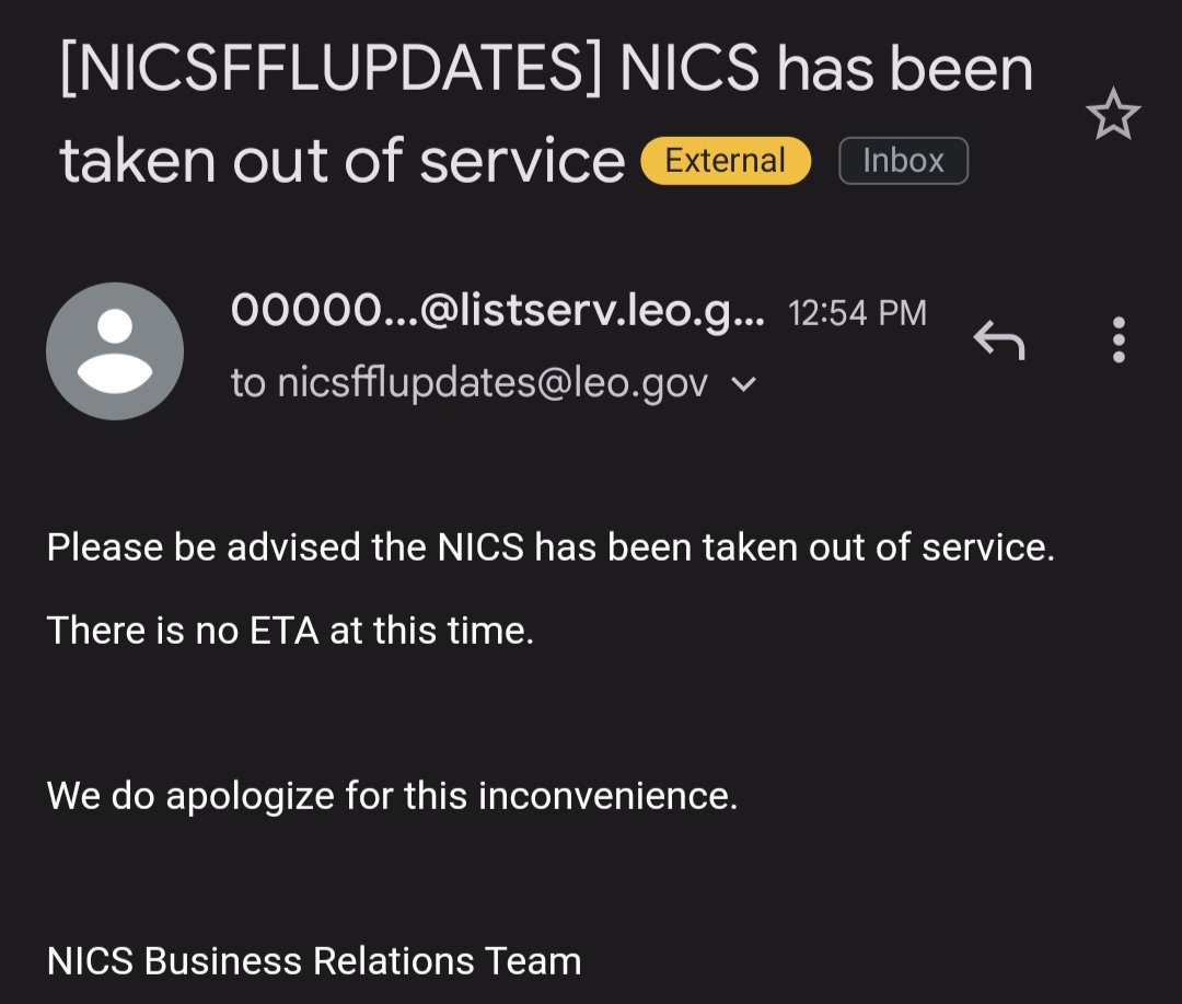 GunOwners's tweet photo. 🚨NICS ALERT

It's broken. Again. 🙄

You'd think @FBI would eventually fix the system that Americans are forced to utilize for their 2A rights. Almost like they don't want us to be armed...👀

Next is an @ATFHQ rule change to mandate Universal Background Checks with this SAME BROKEN SYSTEM. Color us shocked.😐