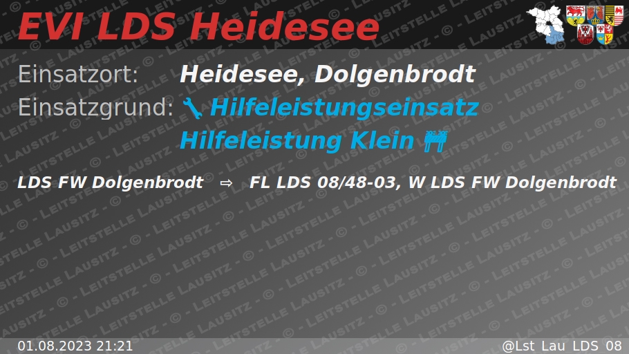 🚨 01.08.2023 21:21 🔧 🚧 H:Klein 🌐 Heidesee, Dolgenbrodt 🚒 ⇨ FW Dolgenbrodt