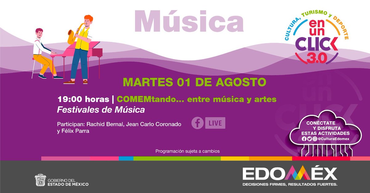 SSDM_Edomex's tweet photo. 🎶🎨📺 Este martes #CulturaEnUnClick, @CulturaEdomex nos trae un programa único de #COMEM...tando. ¡No te pierdas la transmisión en vivo, donde la música y las artes se fusionan! 🎶🎨📺 https://t.co/YUNZOqVtdi