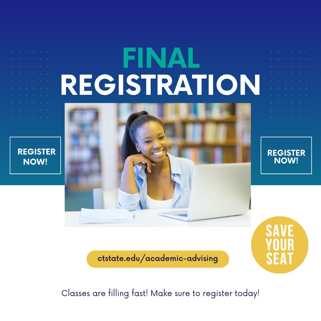 Continuing students: Classes are filling fast! Meet with your Guided Pathways Advisor now to ensure you get your classes. Need help paying for college? The Financial Aid Office can assist you. The tuition deadline is August 15. For more information visit ctstate.edu/academic-advis….