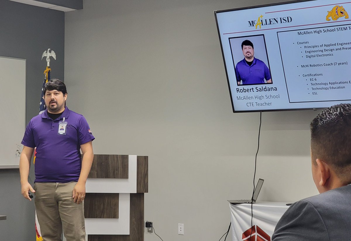 McAllenISDCTE's tweet photo. Happening now.. @McallenHigh CTE engineering teacher Robert Saldana presenting at Noble Builders. Mr. Saldana participated in a 10 day teacher internship this July. @McAllenISD #GreatnessStartsHere https://t.co/OmvsG6XVI1
