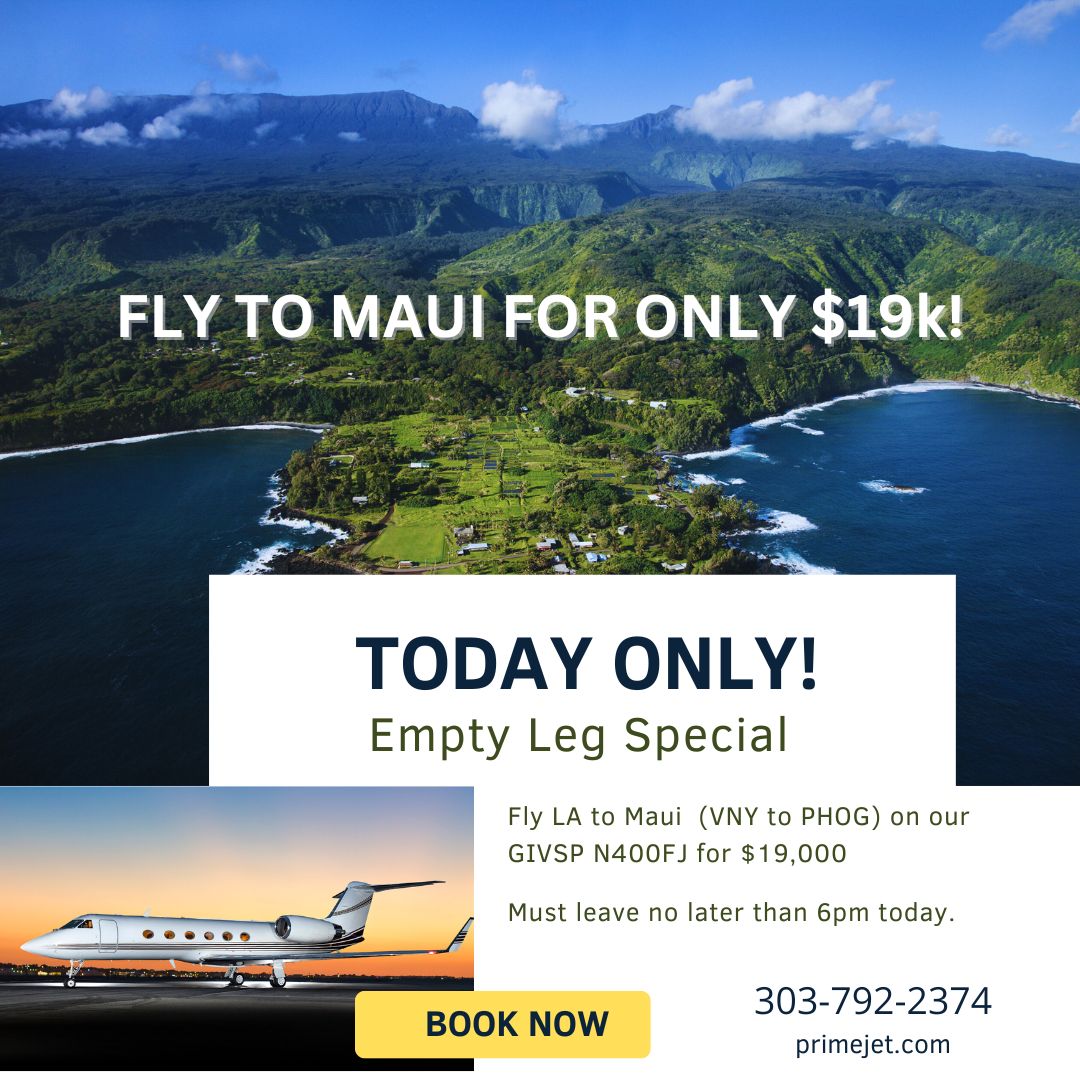 PrimeJets's tweet image. Empty Leg Special!!! Today Only!
We have a pretty unique opportunity today -- empty leg to Maui on our GIVSP on N400FJ for $19k!  Must leave before 6pm.
To book--&amp;gt;  primejets.com/charter/ or call 303.792.2374
#privatejetcharter #emptyleg #emptylegflights #charterflight