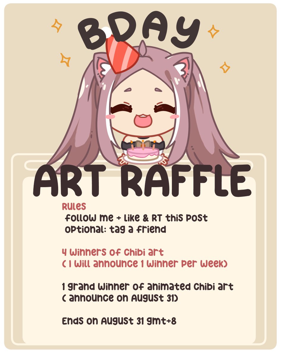 XyriseArt's tweet photo. 🥳 Birthday Art Raffle 🥳
a month long for August as it's my birth month
and as a celebration I'll be giving away tons of art 

to join just Follow Like and RT
1 winner will be announce weekly for the Chibi art 
4 winners in total 

1 Grand winner of an animated Chibi 
GoodLuck! https://t.co/9lYGdDfJls