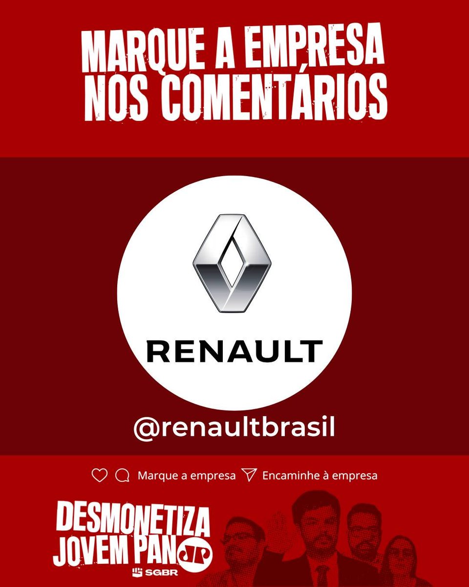 slpng_giants_pt's tweet photo. Olá @RenaultBrasil, tudo bem? Infelizmente, ouvimos o anúncio da sua concessionária em Brasilia, Premiere Renault, na rádio Jovem Pan, uma emissora investigada por propagar ataques à democracia e desinformação. Pfv, #DesmonetizaJovemPan! ✊🏽

Avisem à empresa nos comentários 👇🏽👇🏽 https://t.co/jT6OM8amDn
