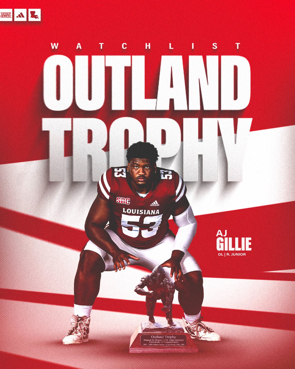 𝐎𝐔𝐓𝐋𝐀𝐍𝐃 𝐓𝐑𝐎𝐏𝐇𝐘 𝐖𝐀𝐓𝐂𝐇 𝐋𝐈𝐒𝐓

<a href="/GillieAj2/">AJ Gillie🫡</a> was named to the <a href="/outlandtrophy/">Outland Trophy</a> watch list, given annually to the nation's best interior lineman!

#cULture | #GeauxCajuns